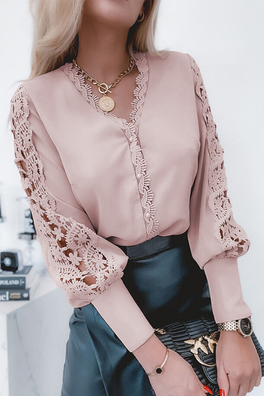 New arrivals 2023 Blush Pink FLOWER Lace V Neck Button Front Blouse for Women