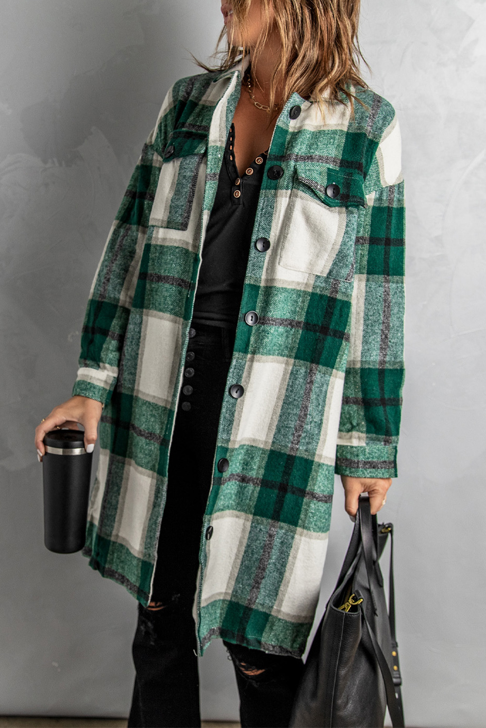 Wholesale Button Front Pocket Casual Green Plaid JACKET for Women 