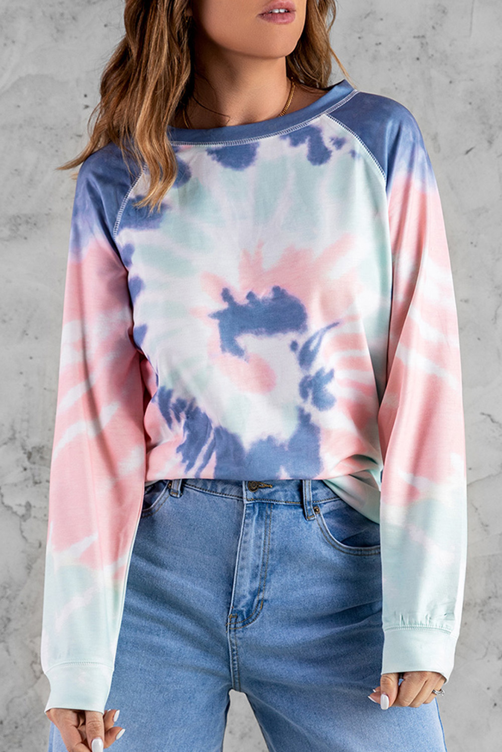 Dropshipping Pink and Blue TIE DYE Long Sleeve Raglan Shirt for Women 