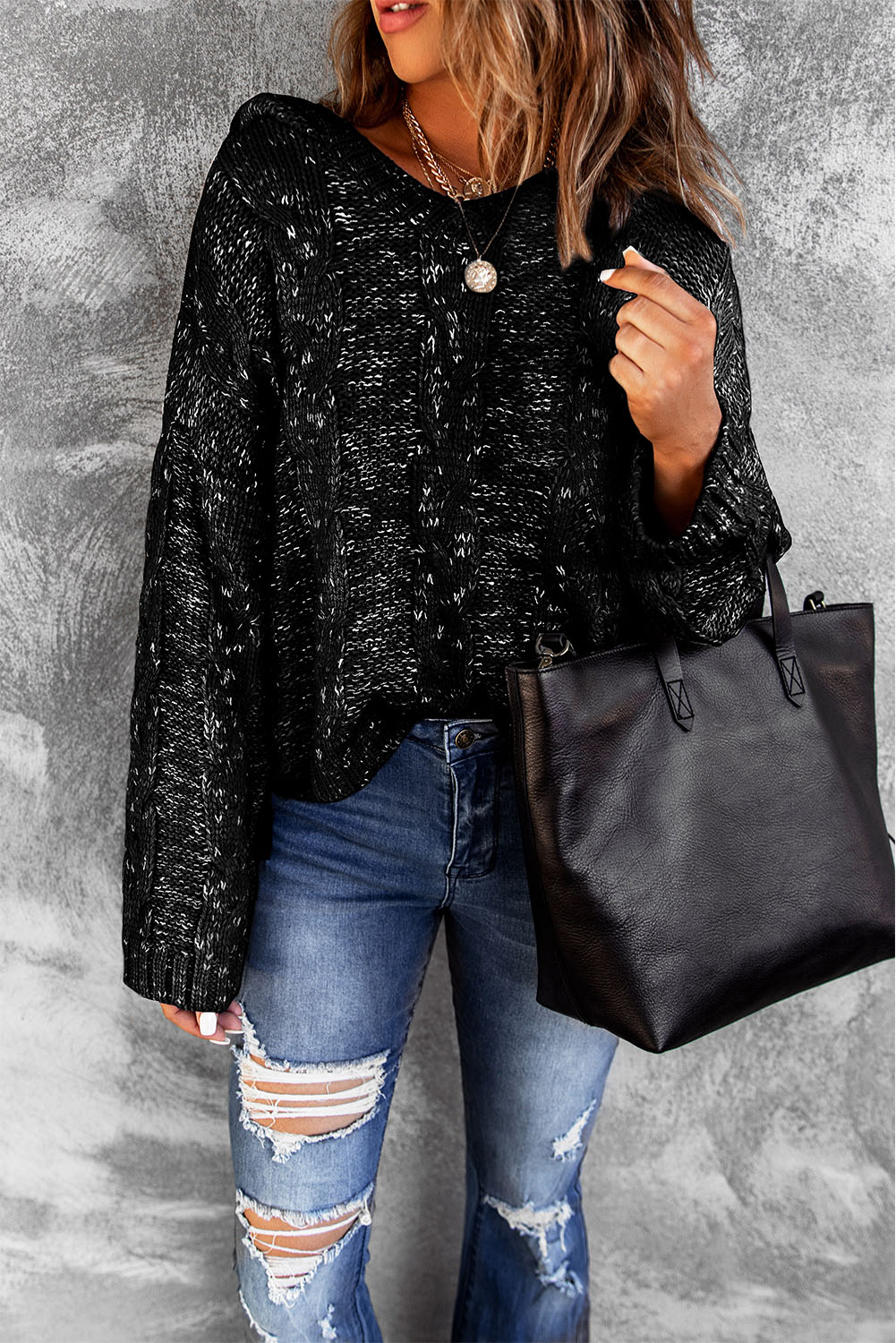 Wholesale Black Knit Long Sleeve Hooded SWEATER for Women 