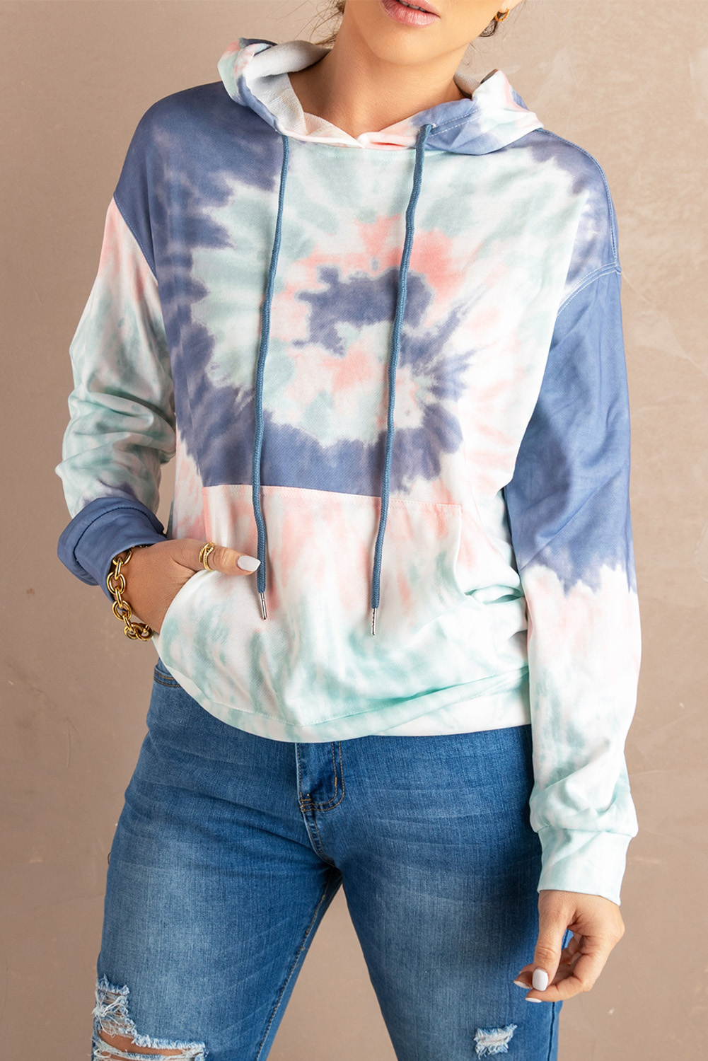 Dropshipping Blue Long Sleeve Pullover TIE DYE Hoodie with Kangaroo Pocket