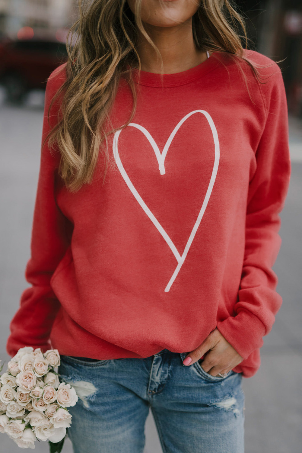 Wholesale Red Heart Print Graphic Long Sleeve Pullover SWEATSHIRT 