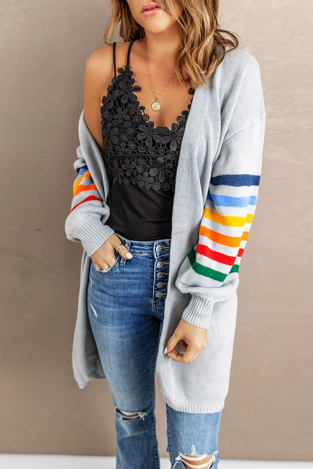 Dropshipping Gray Striped BALLOON Sleeve Cardigan 
