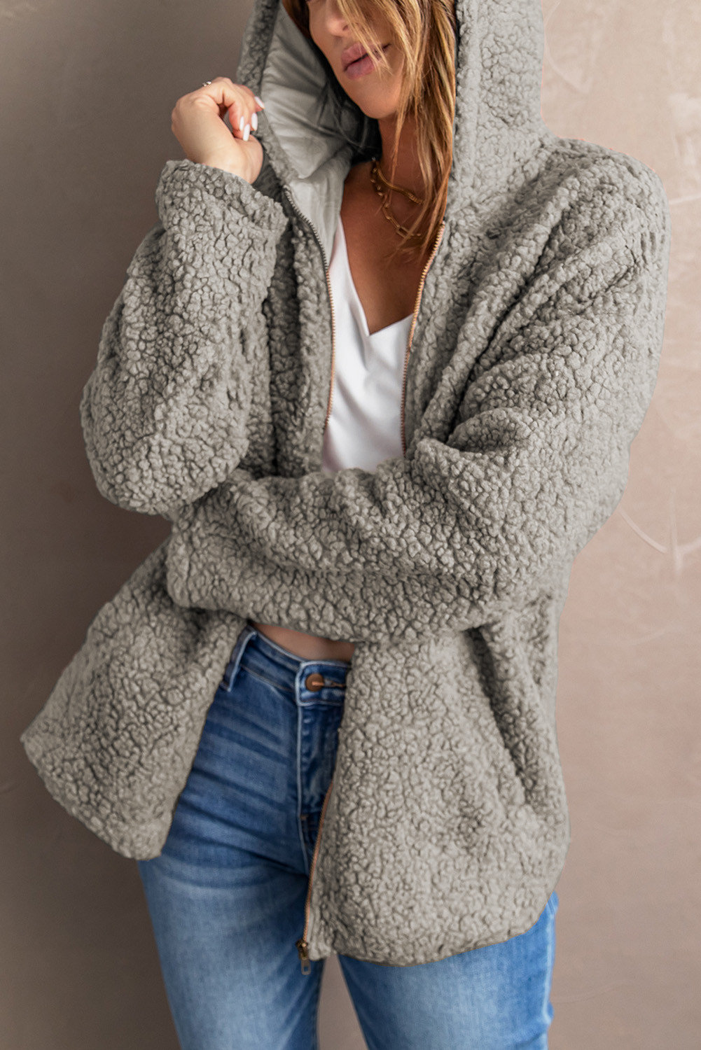 Grey Winter Zip Up Hooded Sherpa Jacket