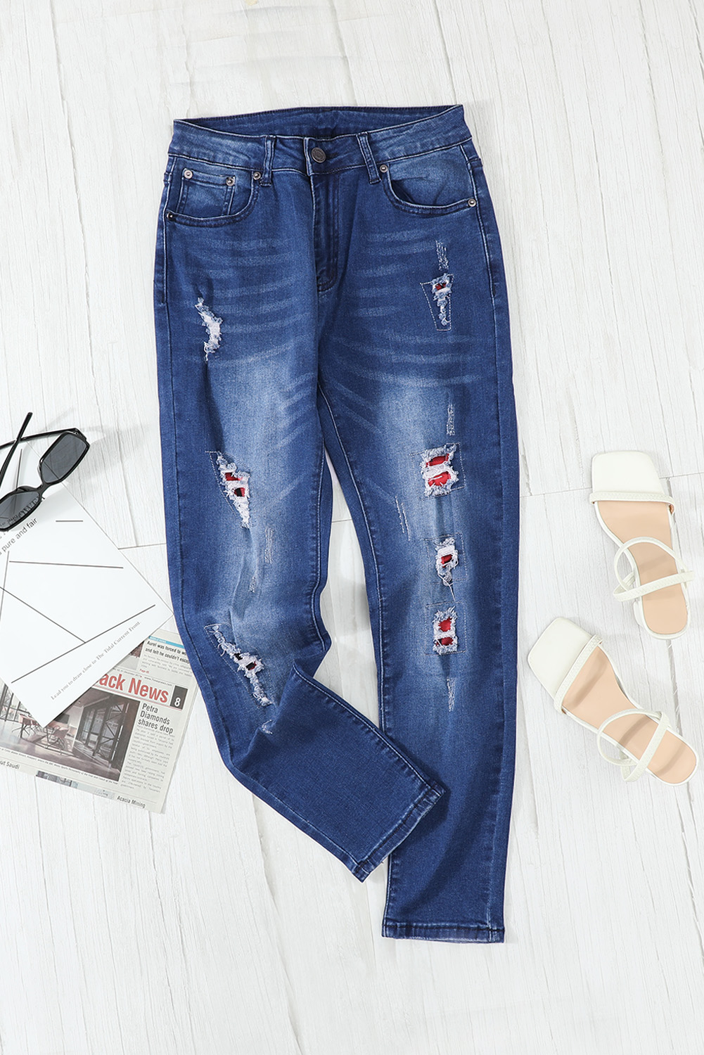 Wholesale Dark Blue Plaid Patch Washed Distressed Mid Rise SKINNY JEANS