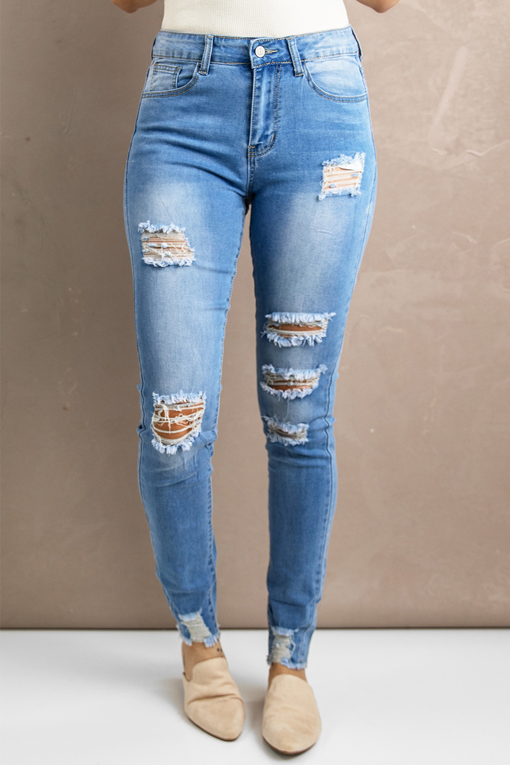 Wholesale Light Blue Ripped Tapered High Rise SKINNY JEANS 