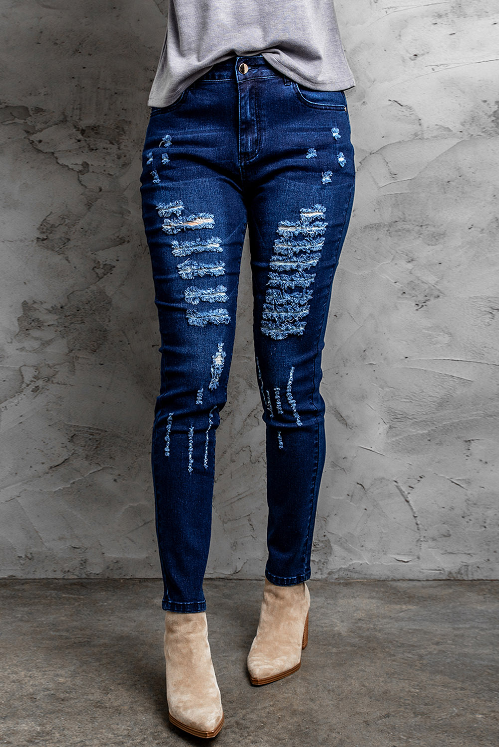 Wholesale Blue Mid Rise Distressed Ripped Holes SKINNY JEANS