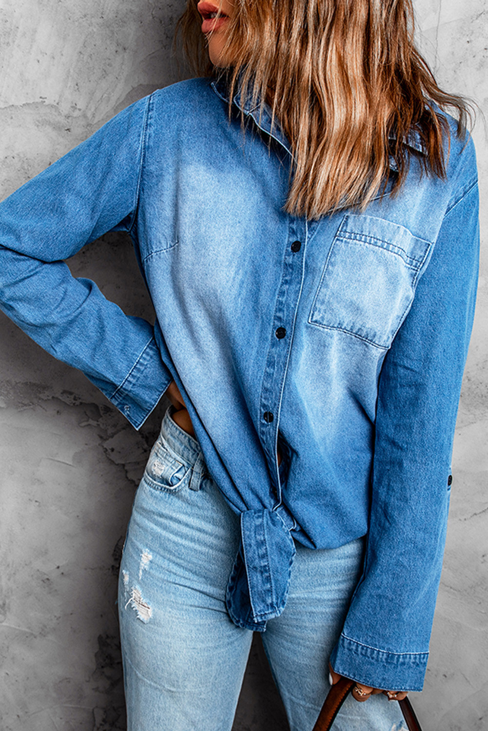 Blue Collared Button Up Tie Front Denim Shirt