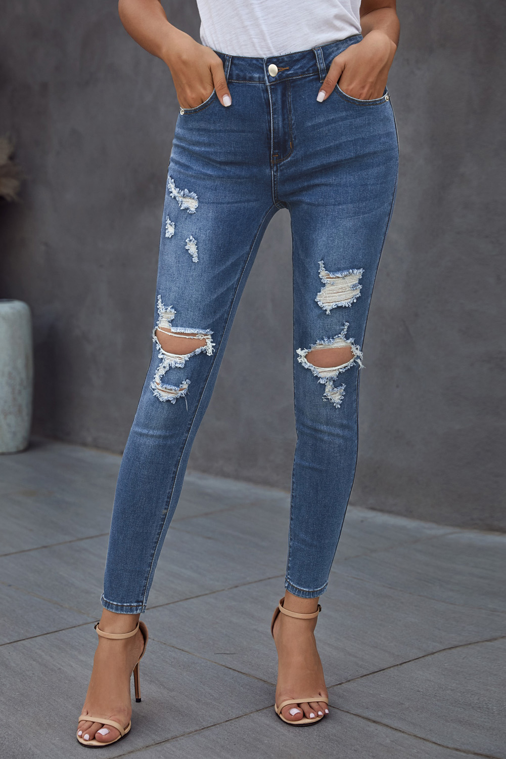 Dropshipping Blue Hollow Out VINTAGE Skinny Ripped Jeans 