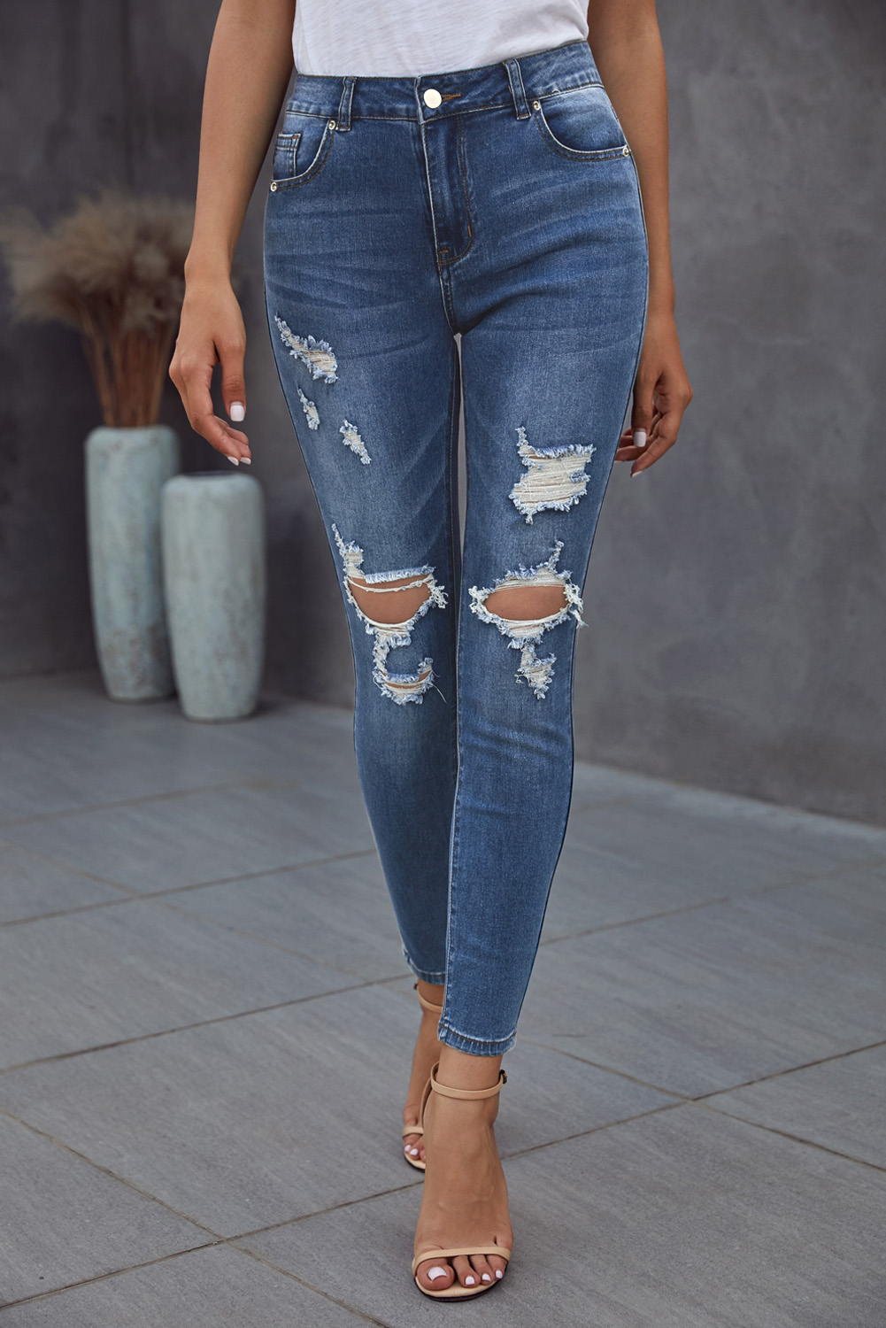 Wholesale Blue Hollow Out Vintage SKINNY Ripped JEANS