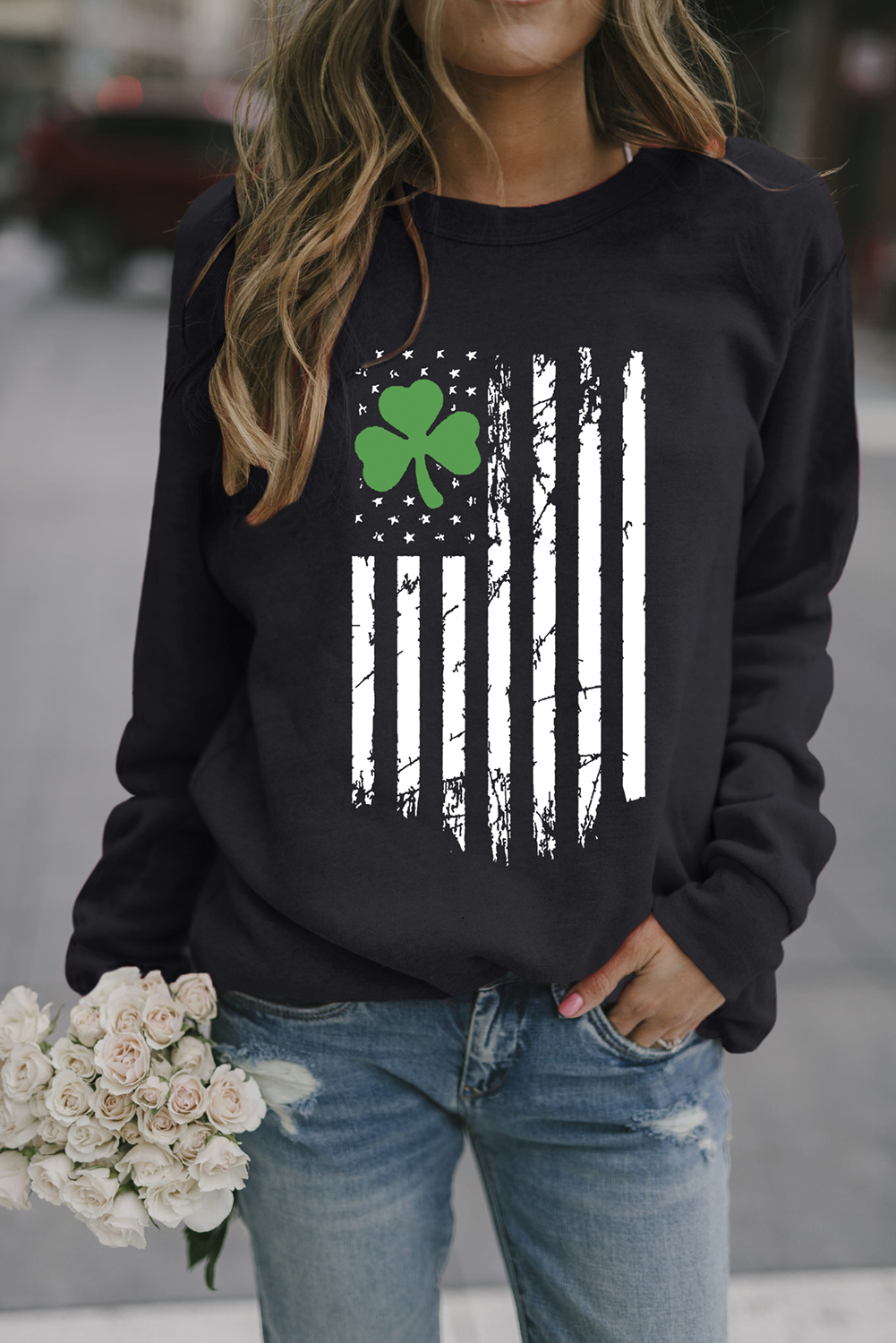 Wholesale Black American FLAG and Clover Print St Patricks Day Graphic Sweatshirt 