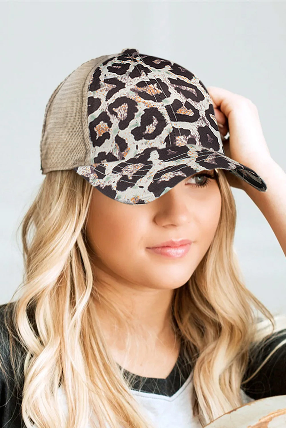 Dropshipping Leopard Mesh Patchwork Distressed Ponytail BASEBALL Cap 