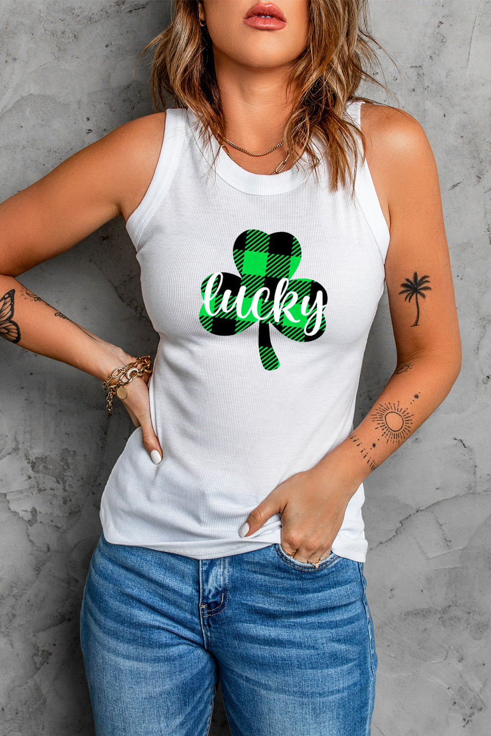 White Lucky Clover Print Tank Top for St Patricks Day