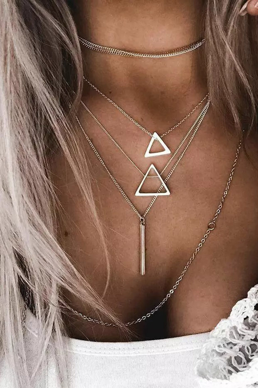 Wholesale Silver Triangle PENDANT Chain Multilayer Necklace 