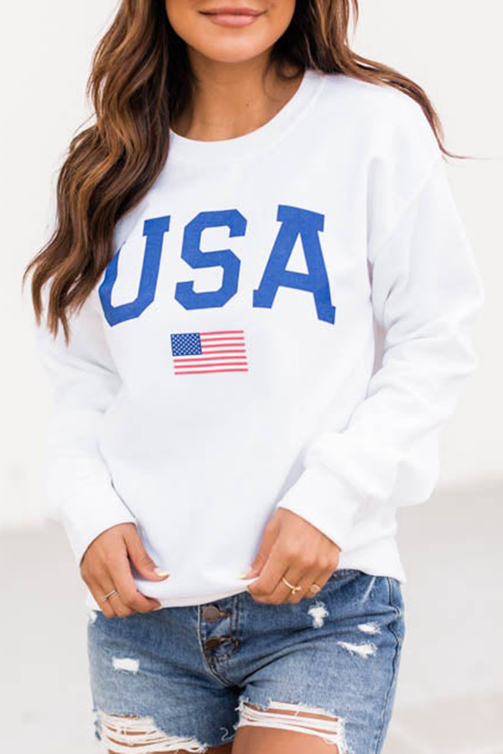 Wholesale White American FLAG Crew Neck Sweatshirt for Women 