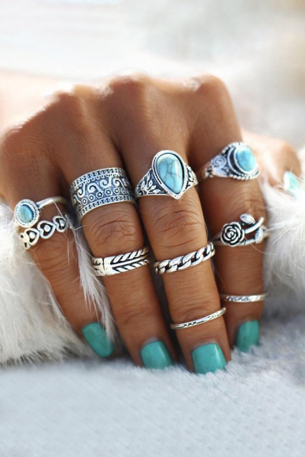 New arrivals 2023 Silver 10Pcs WESTERN Turquoise Rose Retro Ring Set