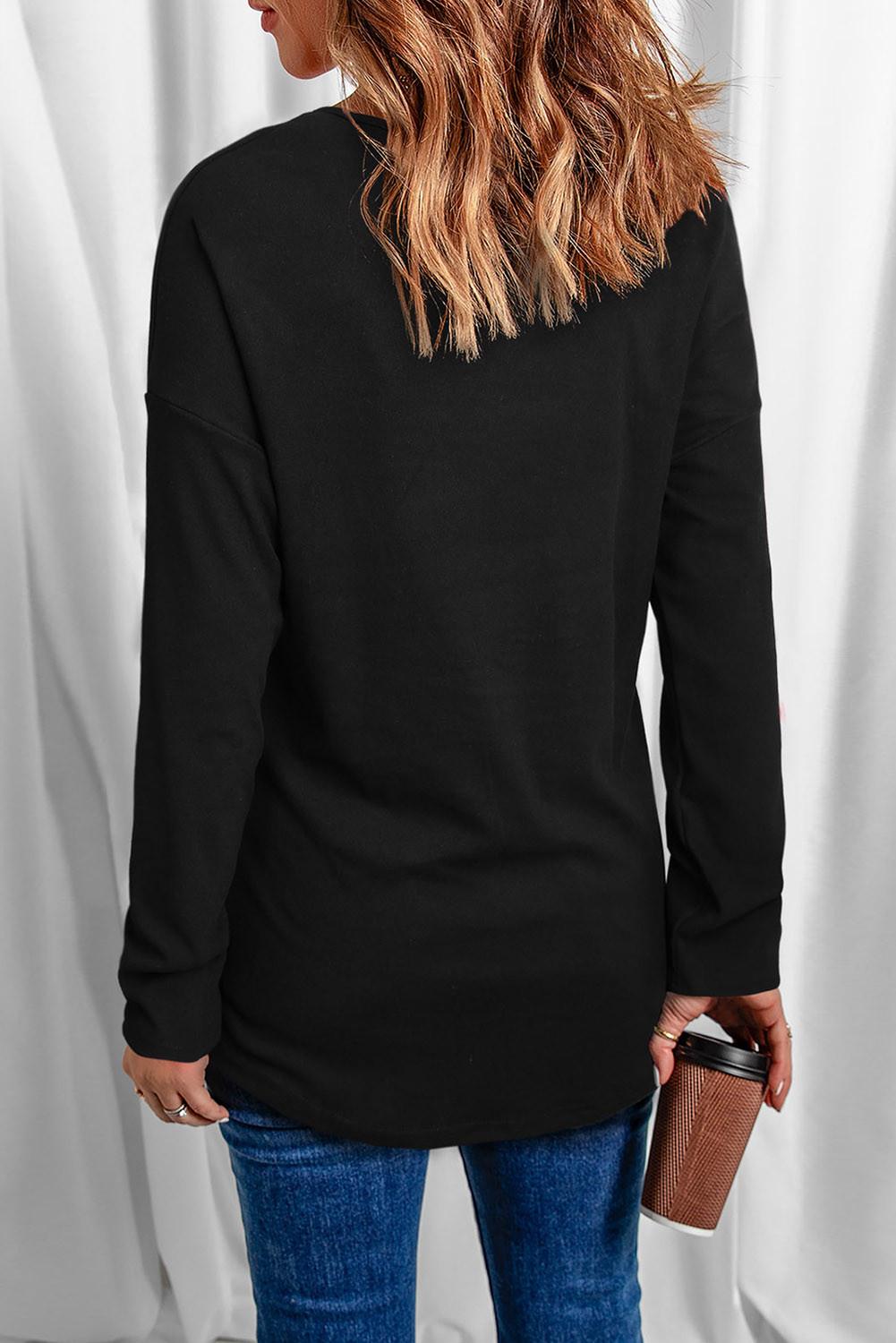 Black Glitter Lucky Clover Print V Neck Long Sleeve St Patricks Day Shirt