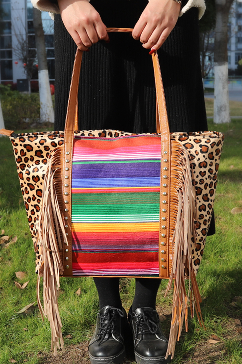 New arrivals 2023 Leopard and Aztec Pattern Fringe and Studded Large TOTE BAG