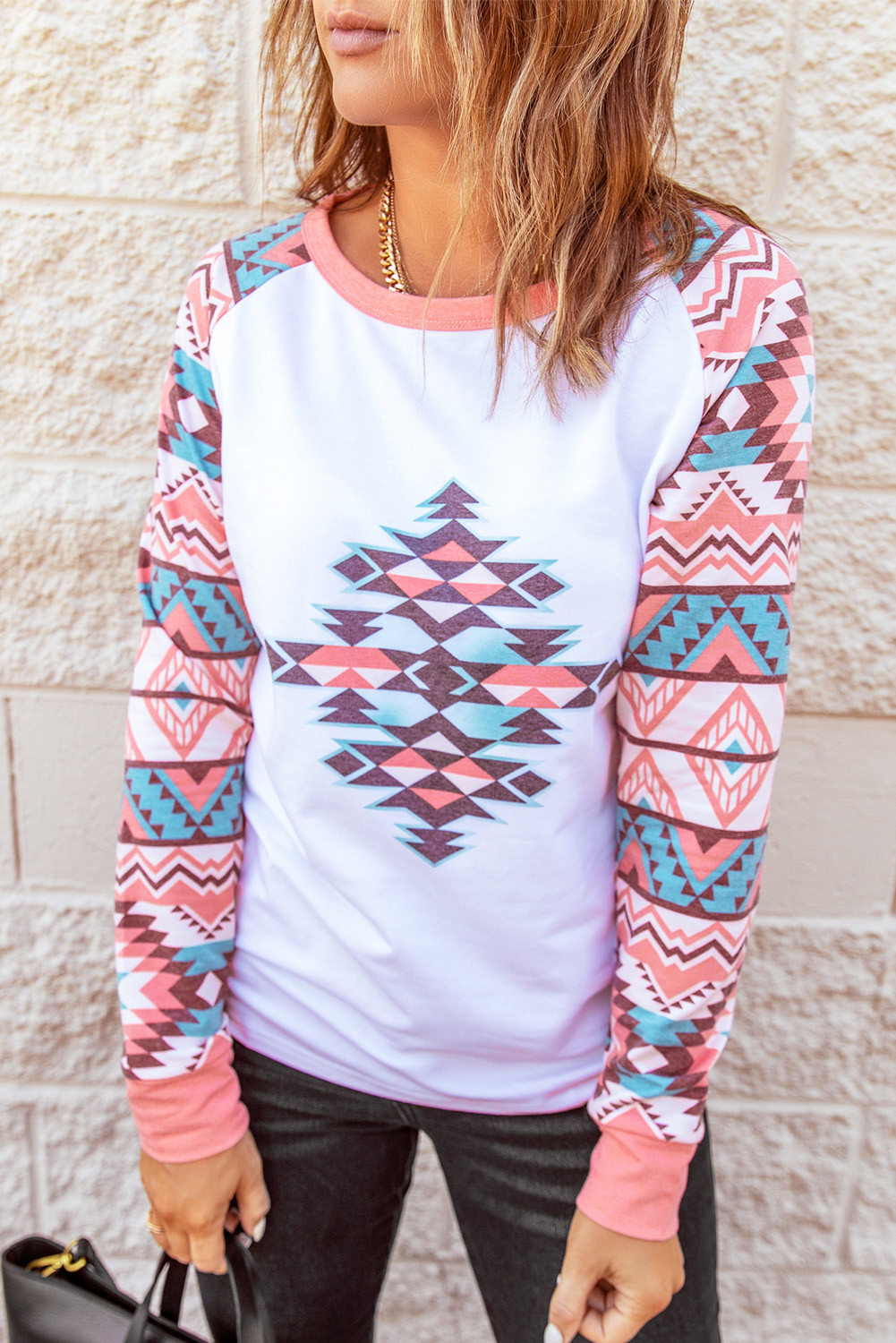 Pink and Blue Aztec Pattern Long Sleeve Raglan Shirt
