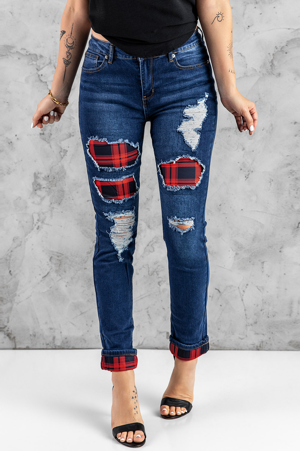 Wholesale Blue Hollow Out Red Plaid Splicing Ripped SKINNY JEANS