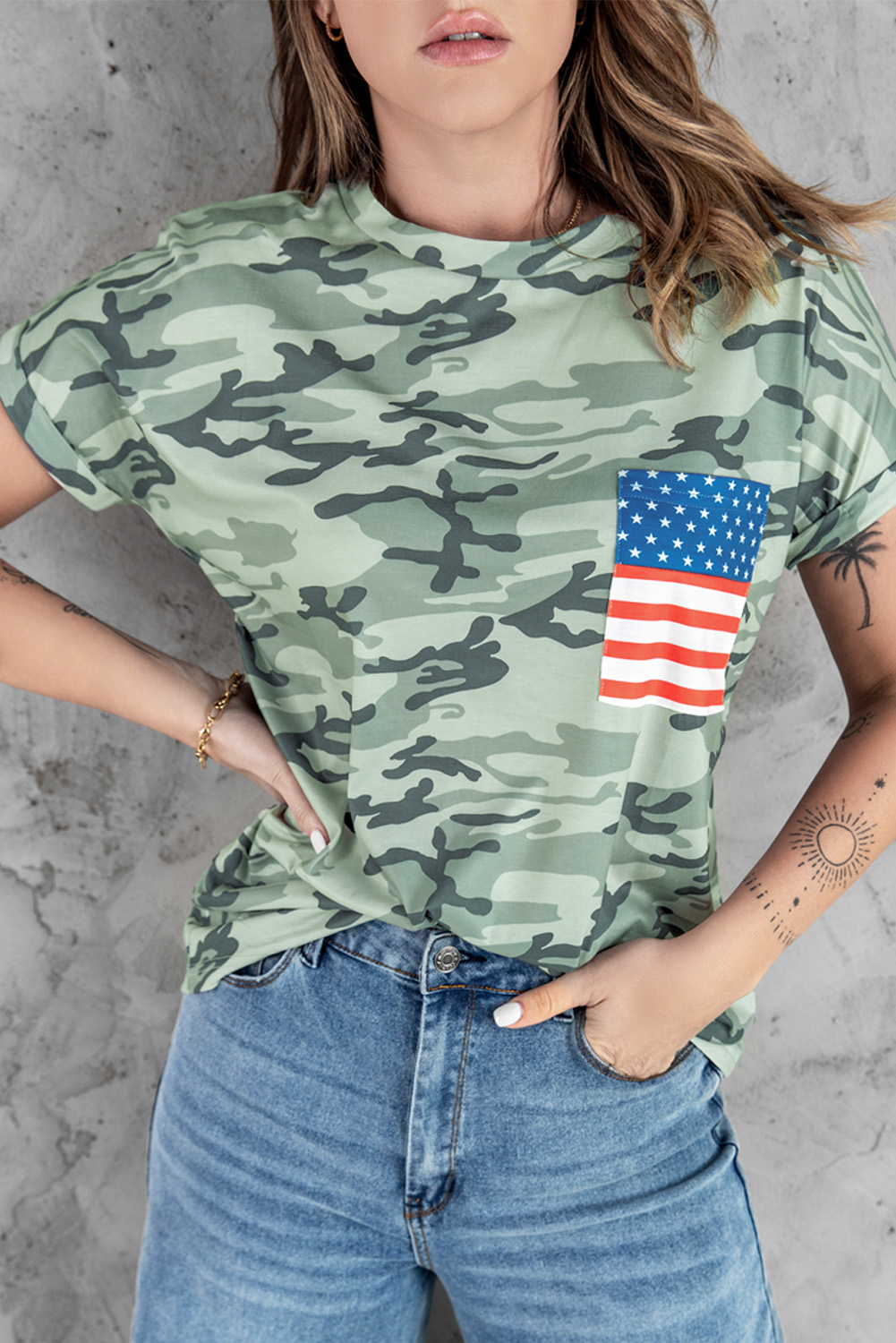 Dropshipping Camo American FLAG Pocket Crew Neck T Shirt for Women