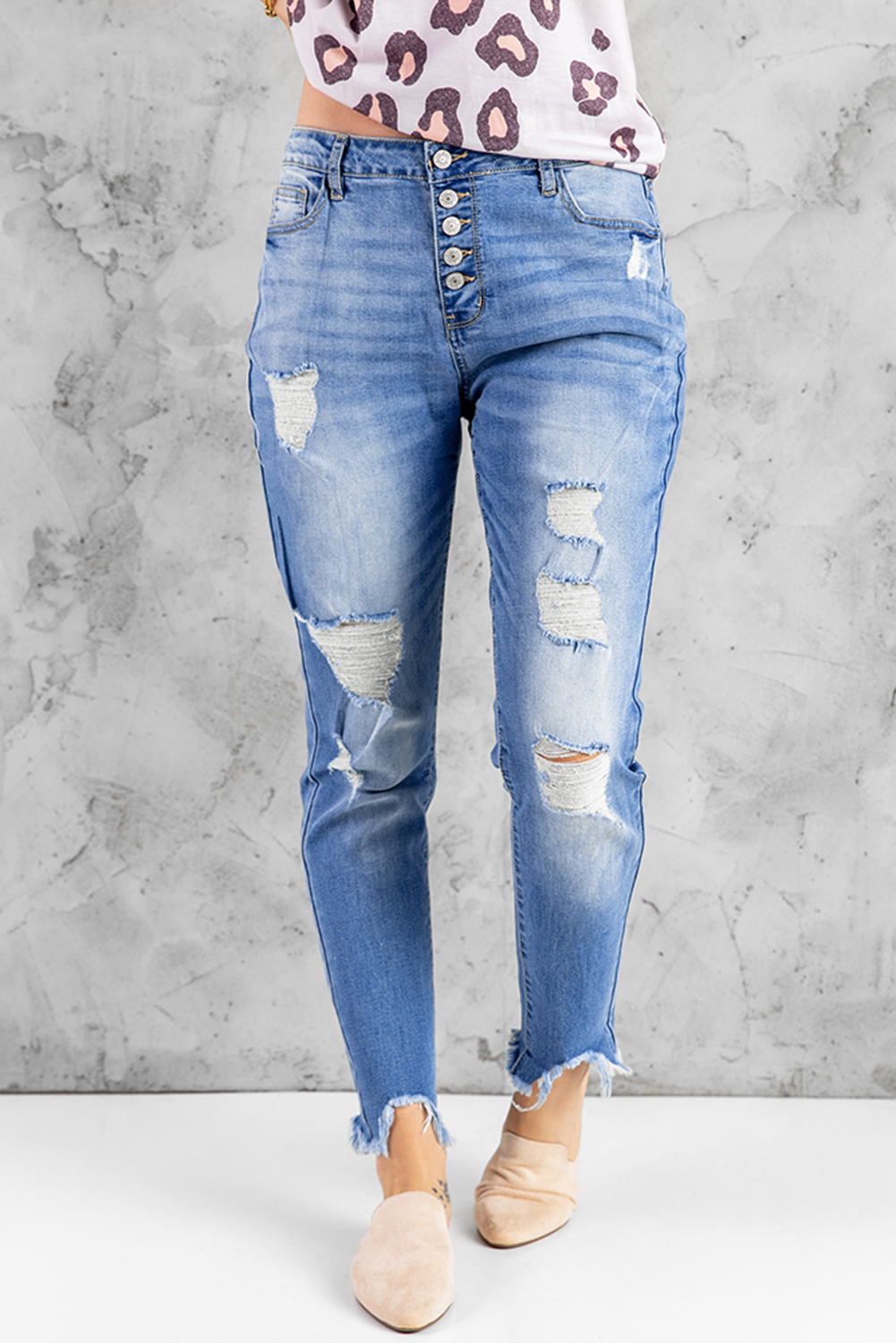 Wholesale Light Blue Button Front Frayed High Rise Ankle SKINNY JEANS