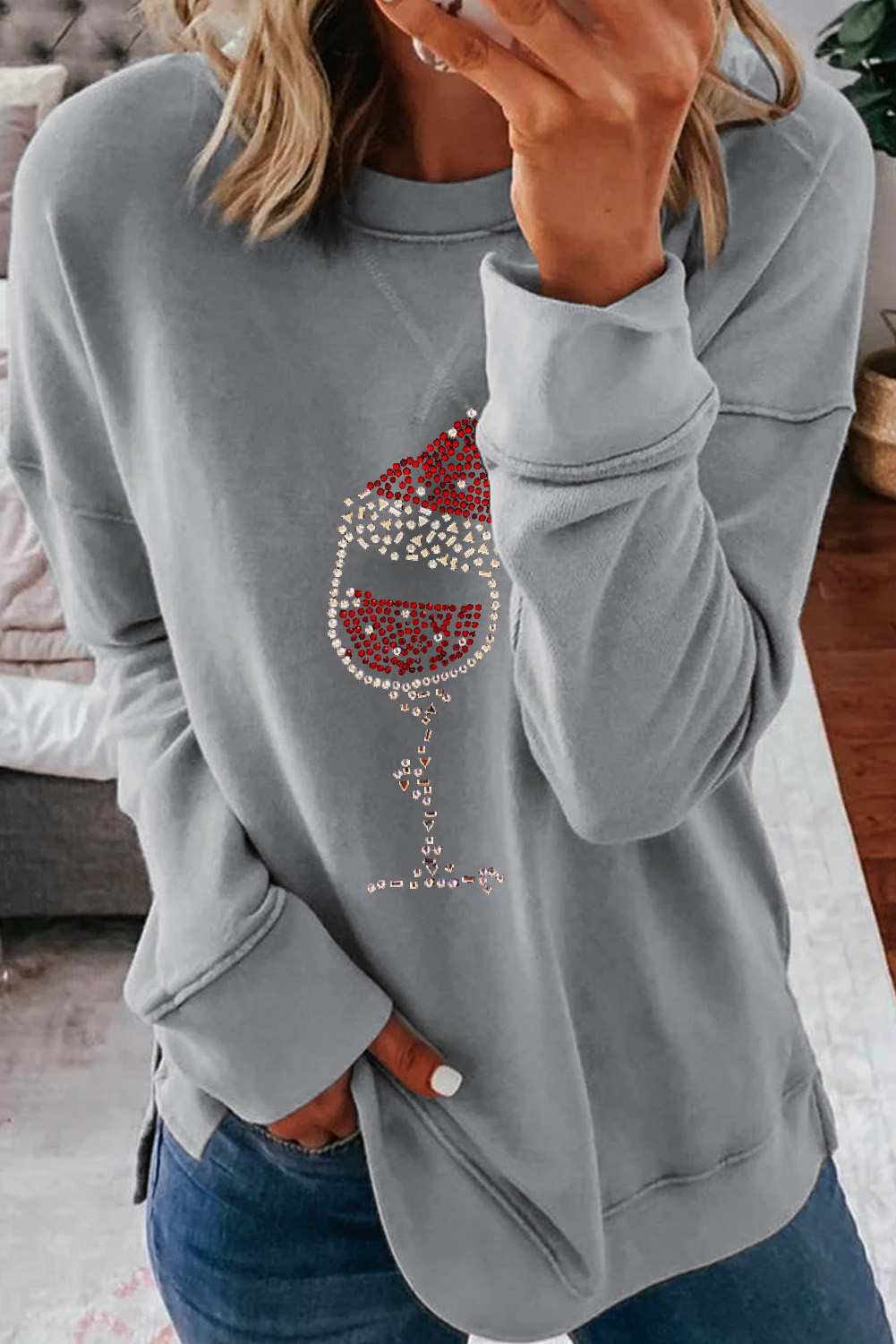 New arrivals 2023 Gray Dropped Sleeve Fashion Print CHRISTMAS Sweatshirt