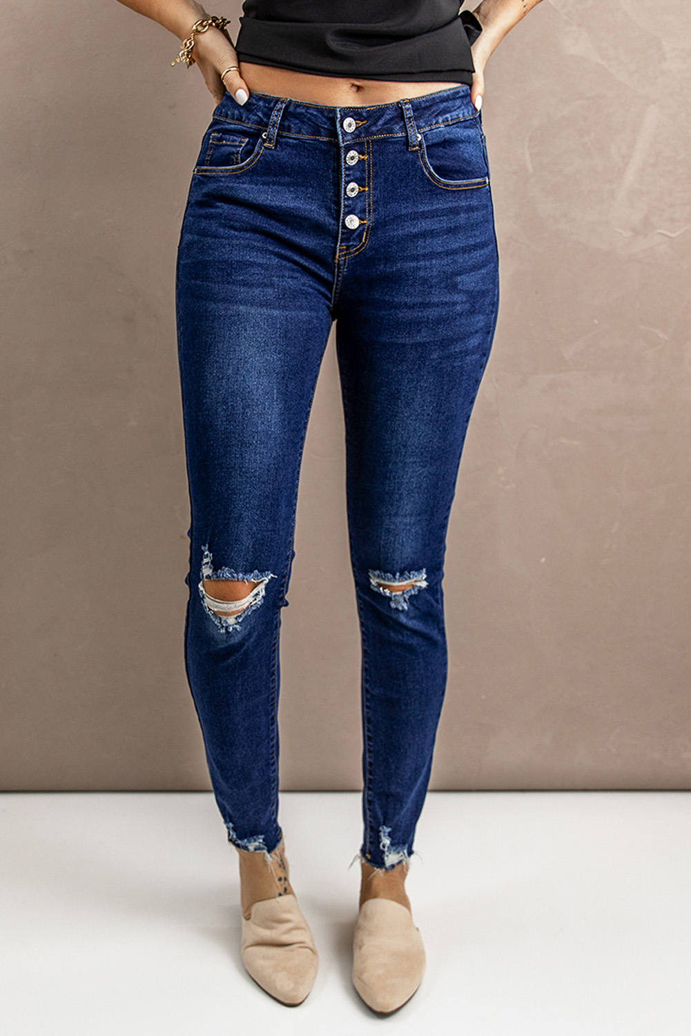 Wholesale Blue Casual Ripped Button Fly SKINNY JEANS