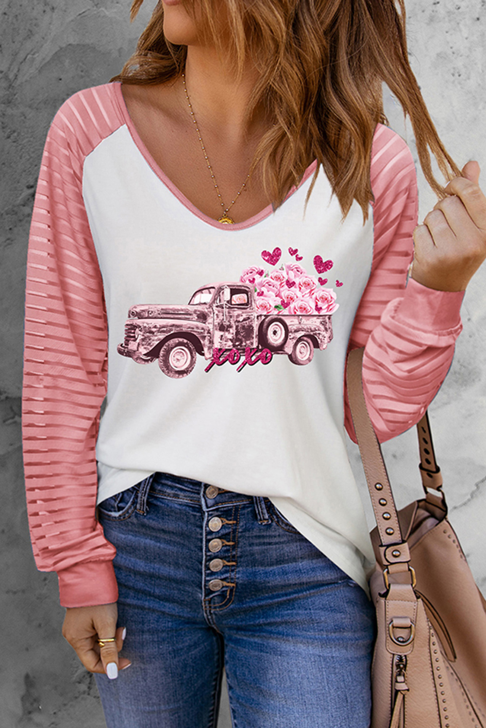 Wholesale Pink and White VALENTINE Shirt Rose Truck Long Sleeve Graphic Tee 