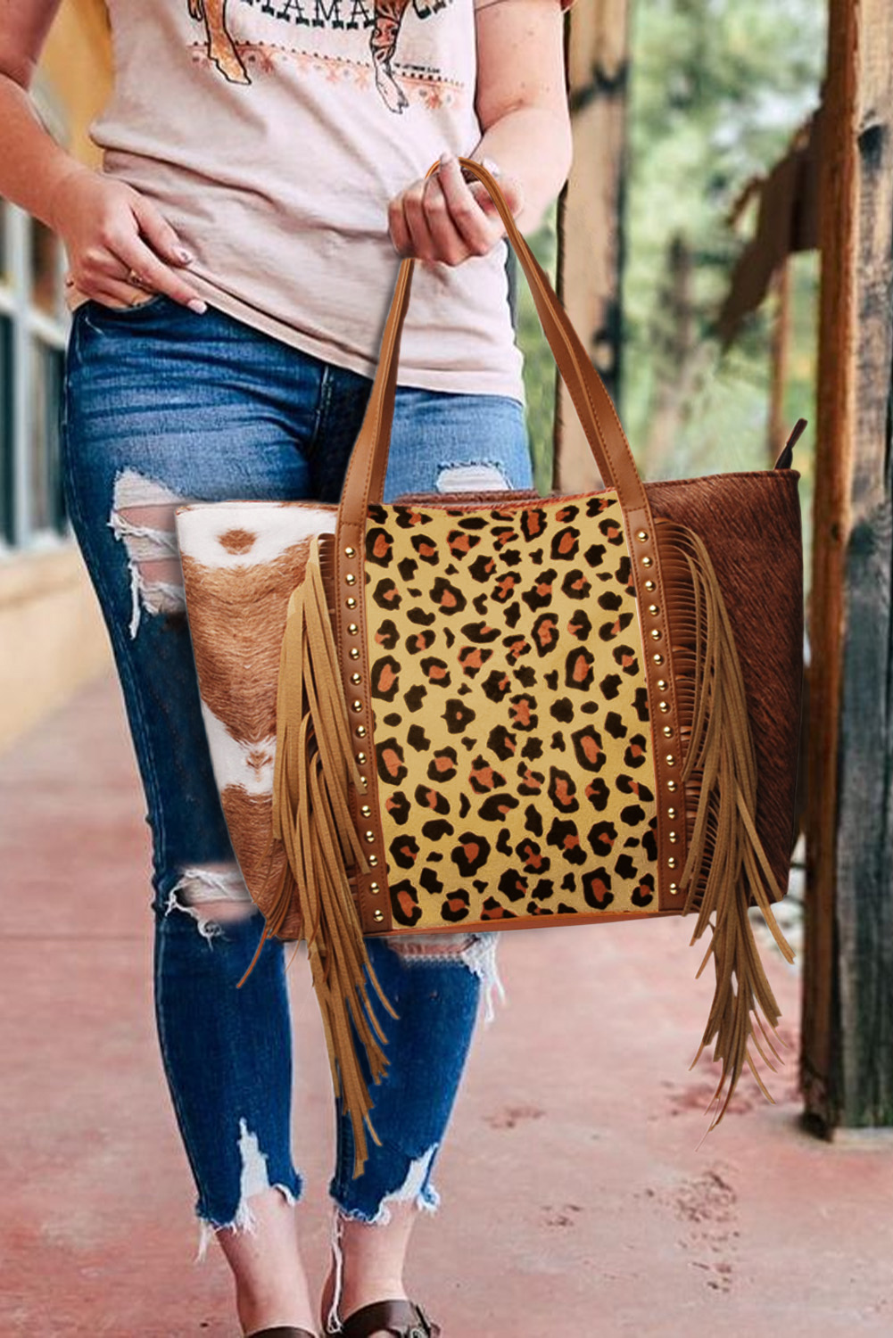 Wholesale Cheetah and Animal Print Fring and Studded TOTE BAG 