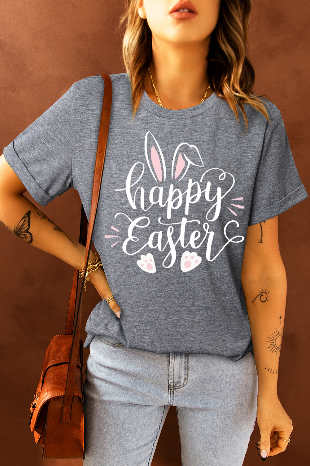 Shewin Wholesale Women CLOTHING Gray Happy Easter Rabbit Graphic Rolled Up Sleeve Tee