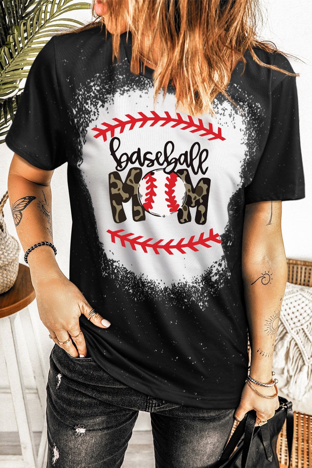 Black Baseball Mom Crewneck Graphic Bleached T Shirt