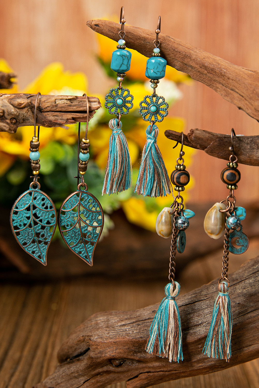 Light Blue 3Pcs Beaded Leaf Floral Hollow-out Tassel Earring Set