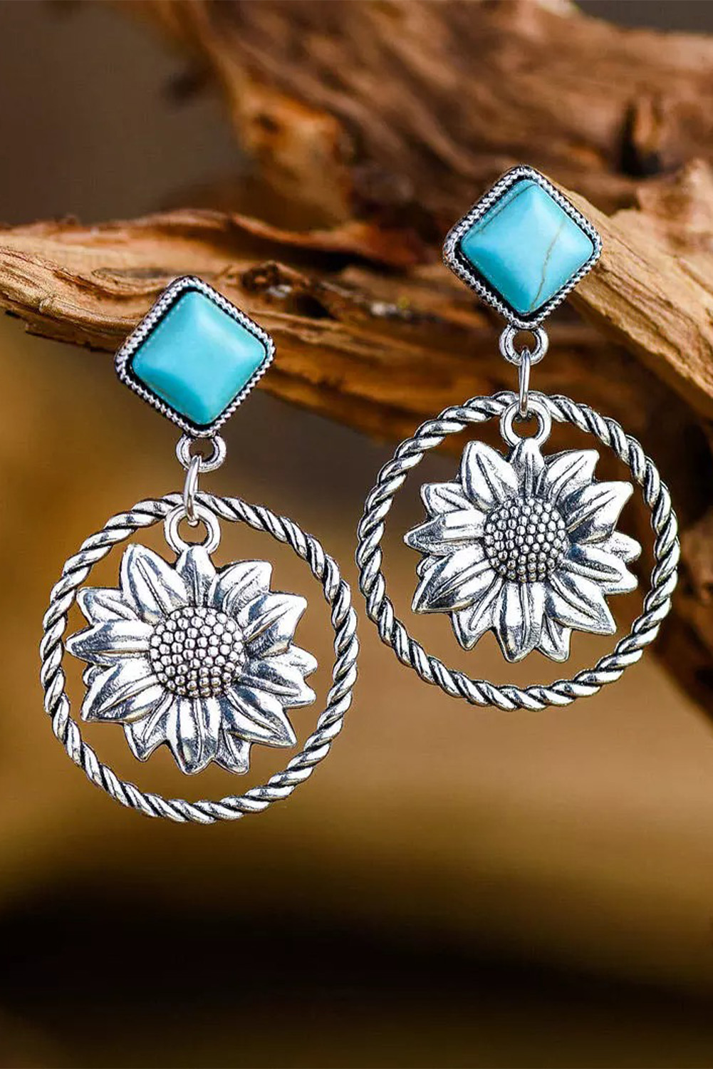 Dropshipping Silver Sunflower Turquoise DANGLE Earrings 
