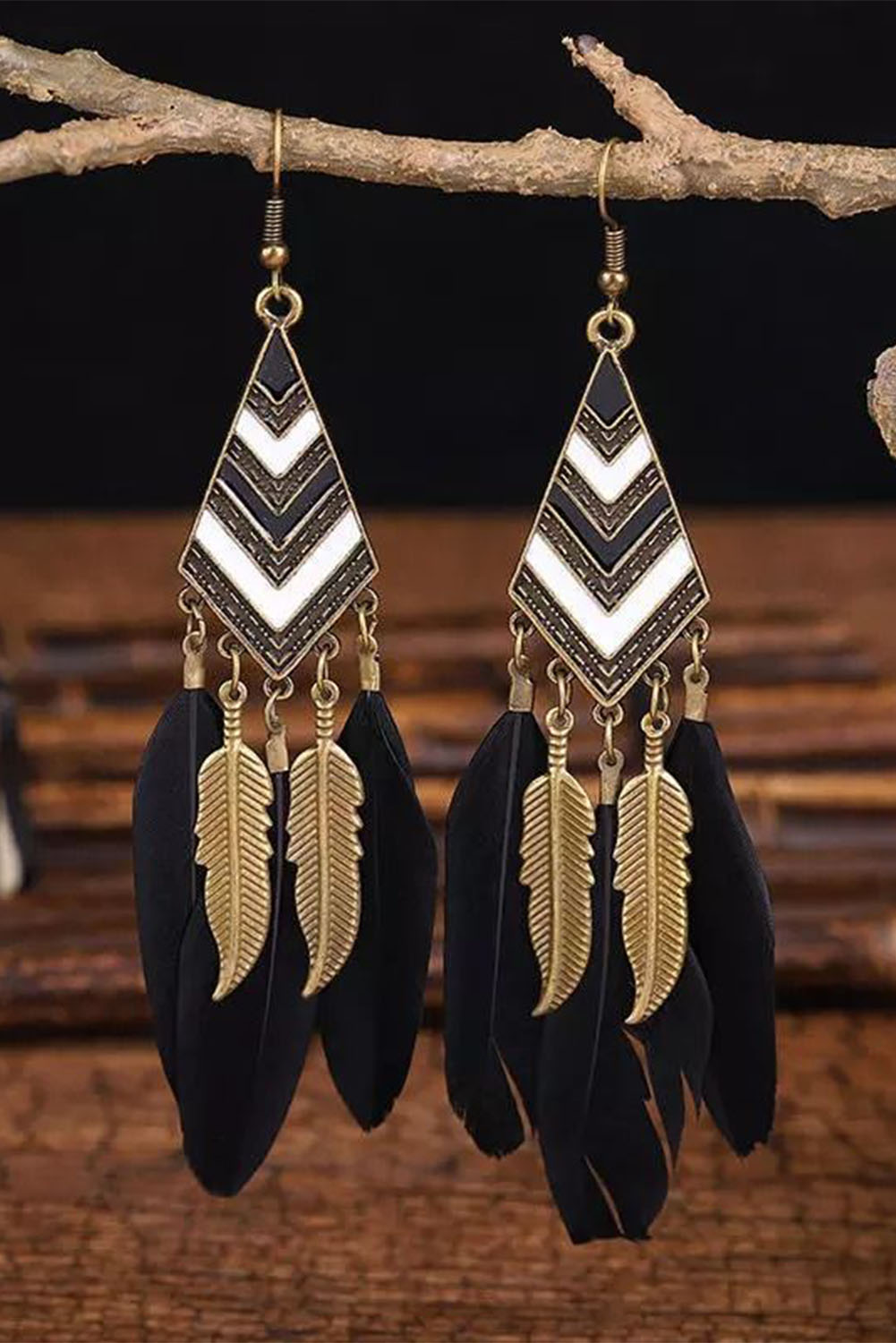 New arrivals 2023 Black Boho Feather Fringe Colorblock Drop DIAMOND Earrings