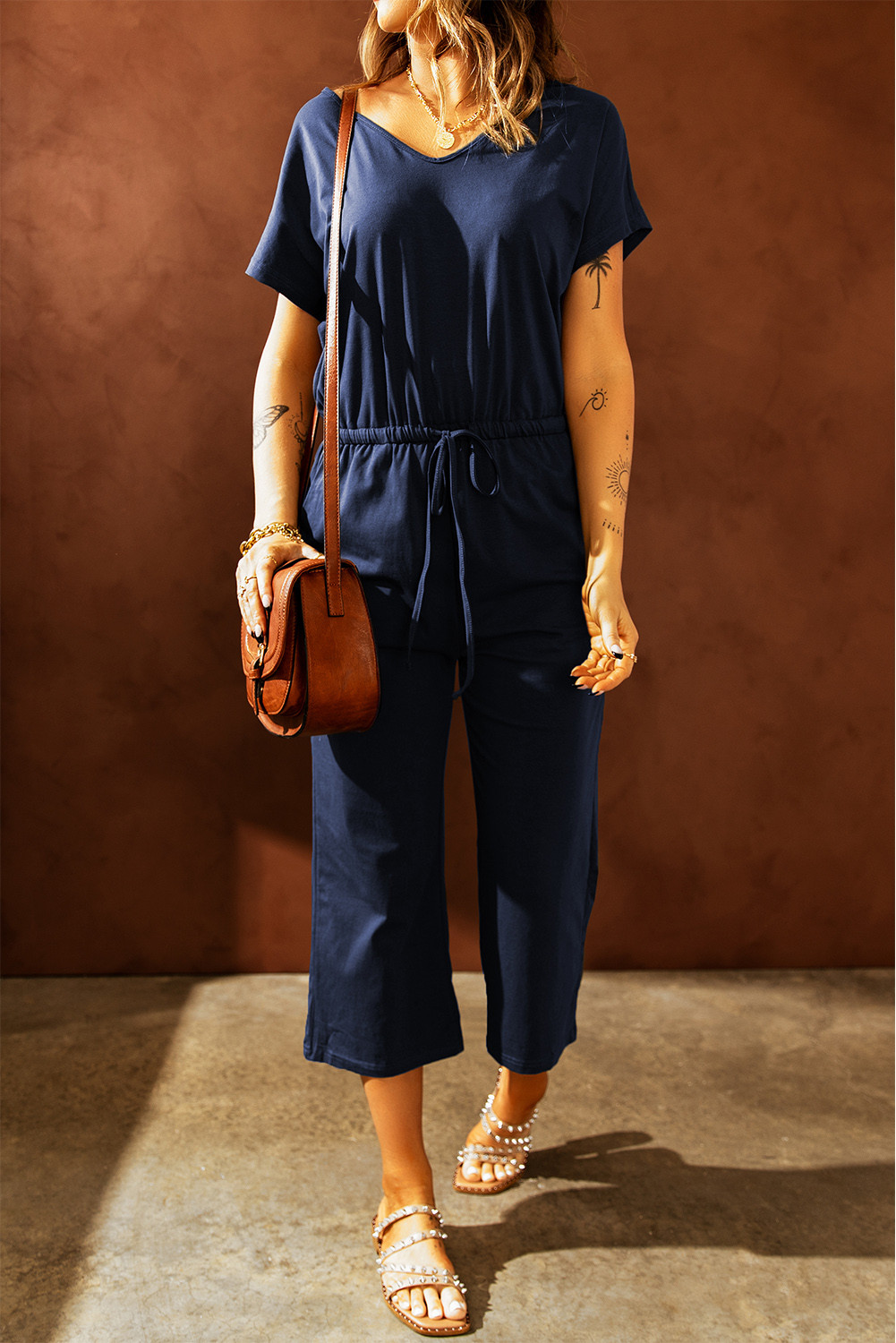 Dark Blue Casual V Neck Short Sleeve Jumpsuit
