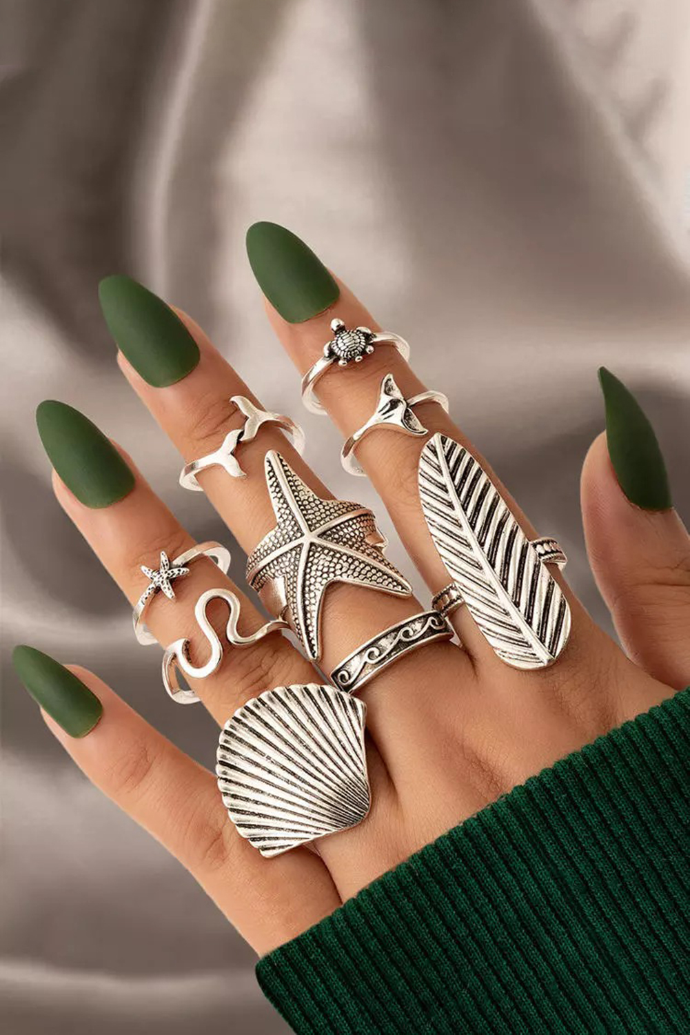 Wholesale Silver 9Pcs Vintage HOLIDAY Wind Marine Animal Ring Set 