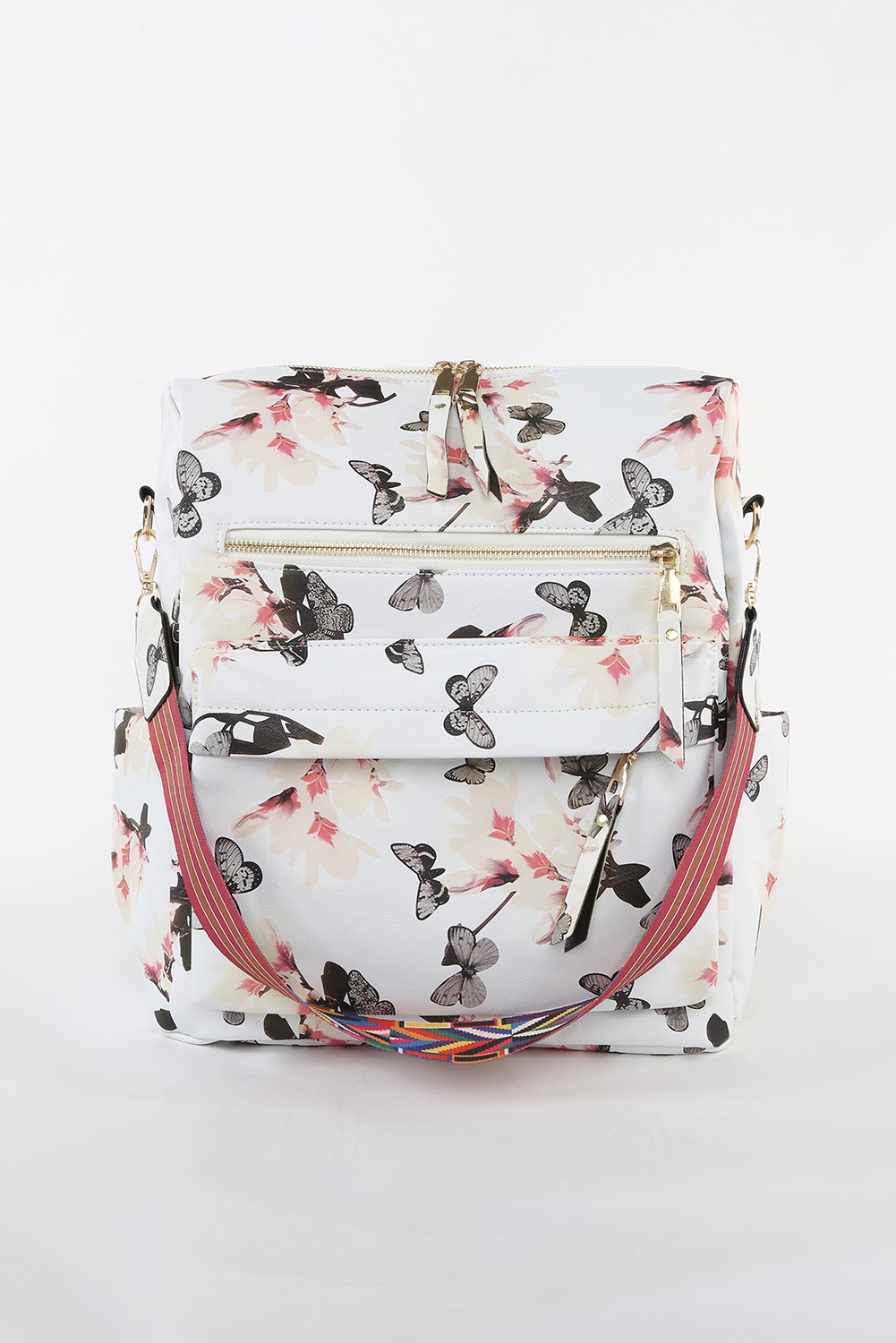 Dropshipping White Butterfly Print Zip Closure BACKPACK Handbag for Women
