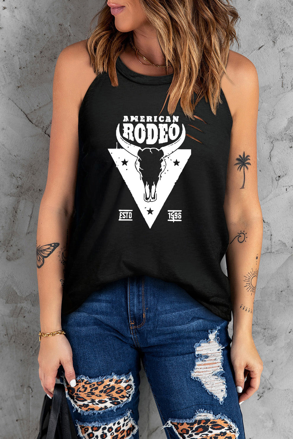 Black Western Letter Animal Print Graphic Tank Top