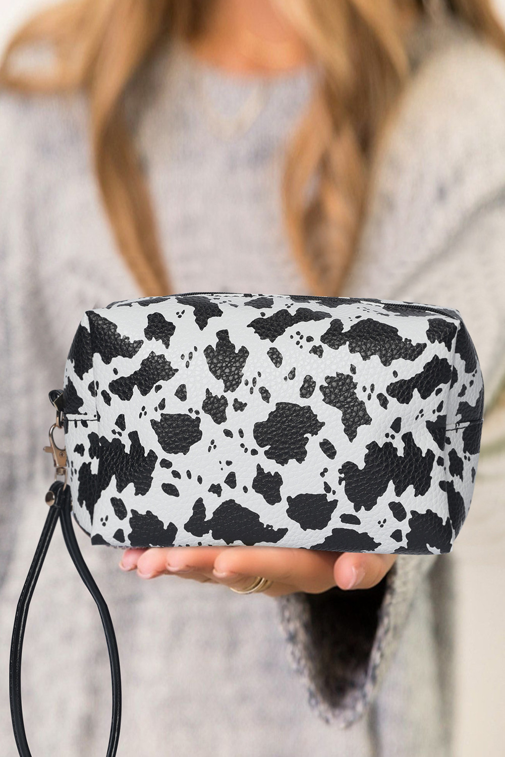 Black Western Cow Print Wristlet PU Leather Makeup Bag
