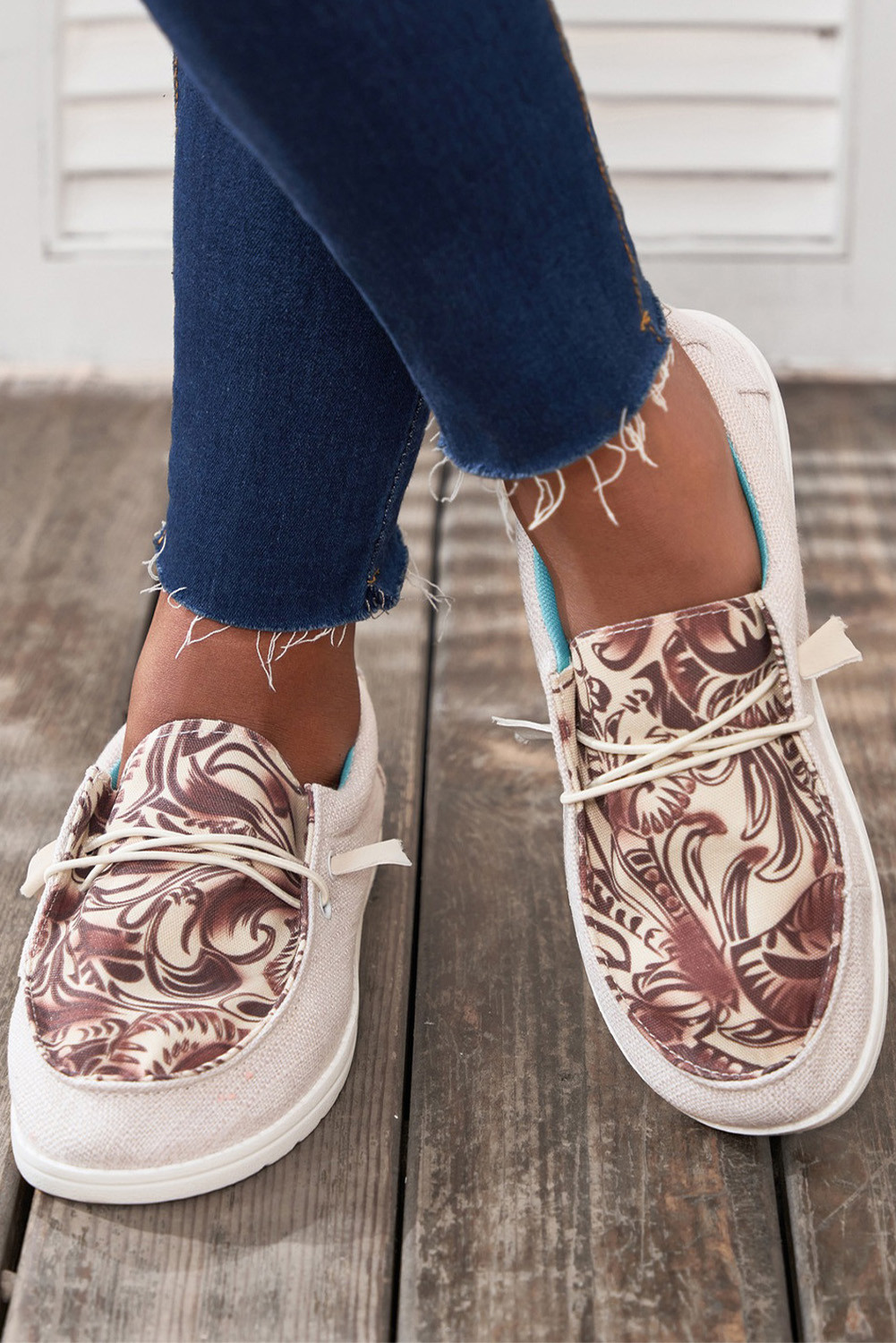 Gray Western Print Lace Up Round Toe Sneakers