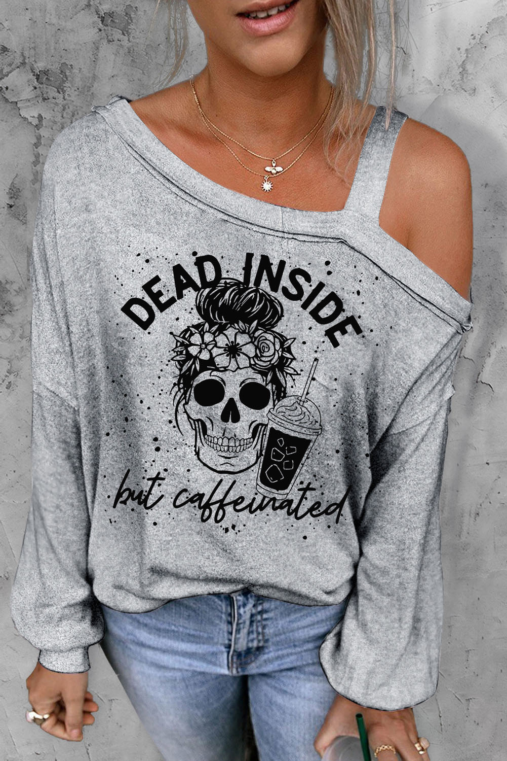 Shewin Wholesale Apparel Boutique Grey Casual Letter SKULL Long Sleeve Graphic Tee