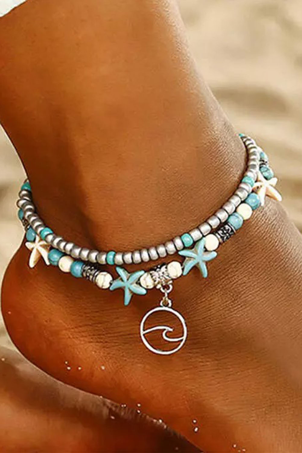 Wholesale Light Blue Bohemian Beaded Color Block Beach Double ANKLET for Women 