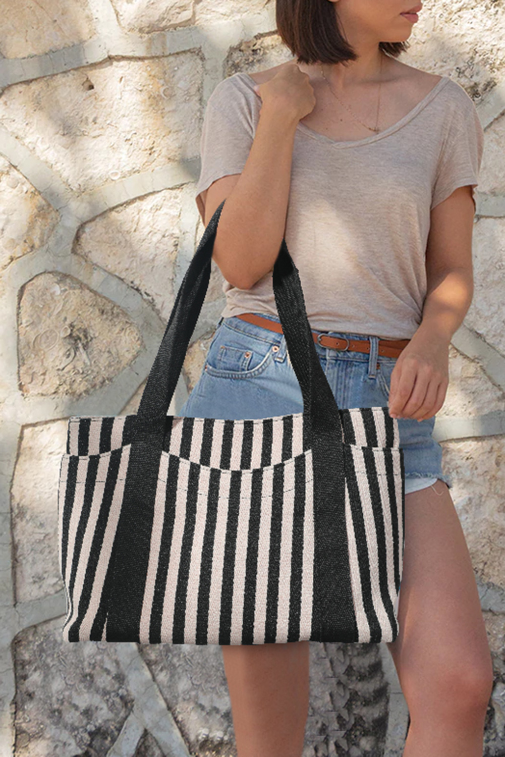 Wholesale Black Stripes Print BEACH BAG Large Capacity Tote BAG 