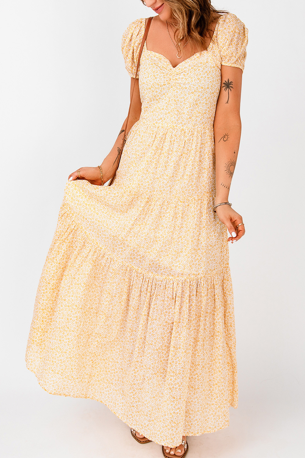 Yellow Boho Floral Puff Sleeve Sweetheart Maxi Dress
