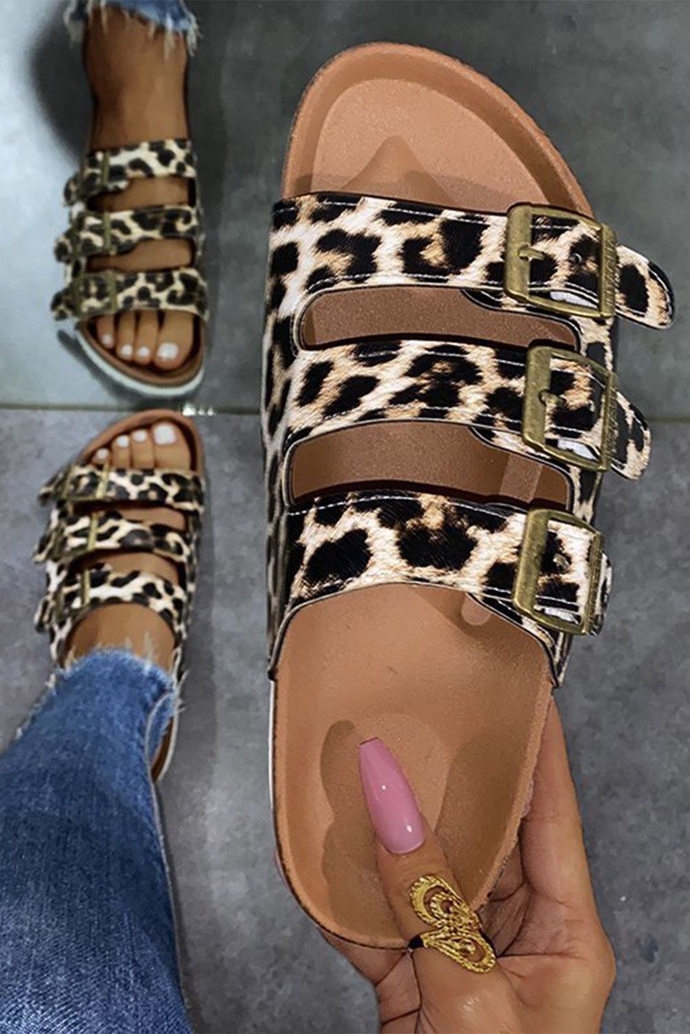 Cheetah Casual Buckle Strap Flat Slides Shoe