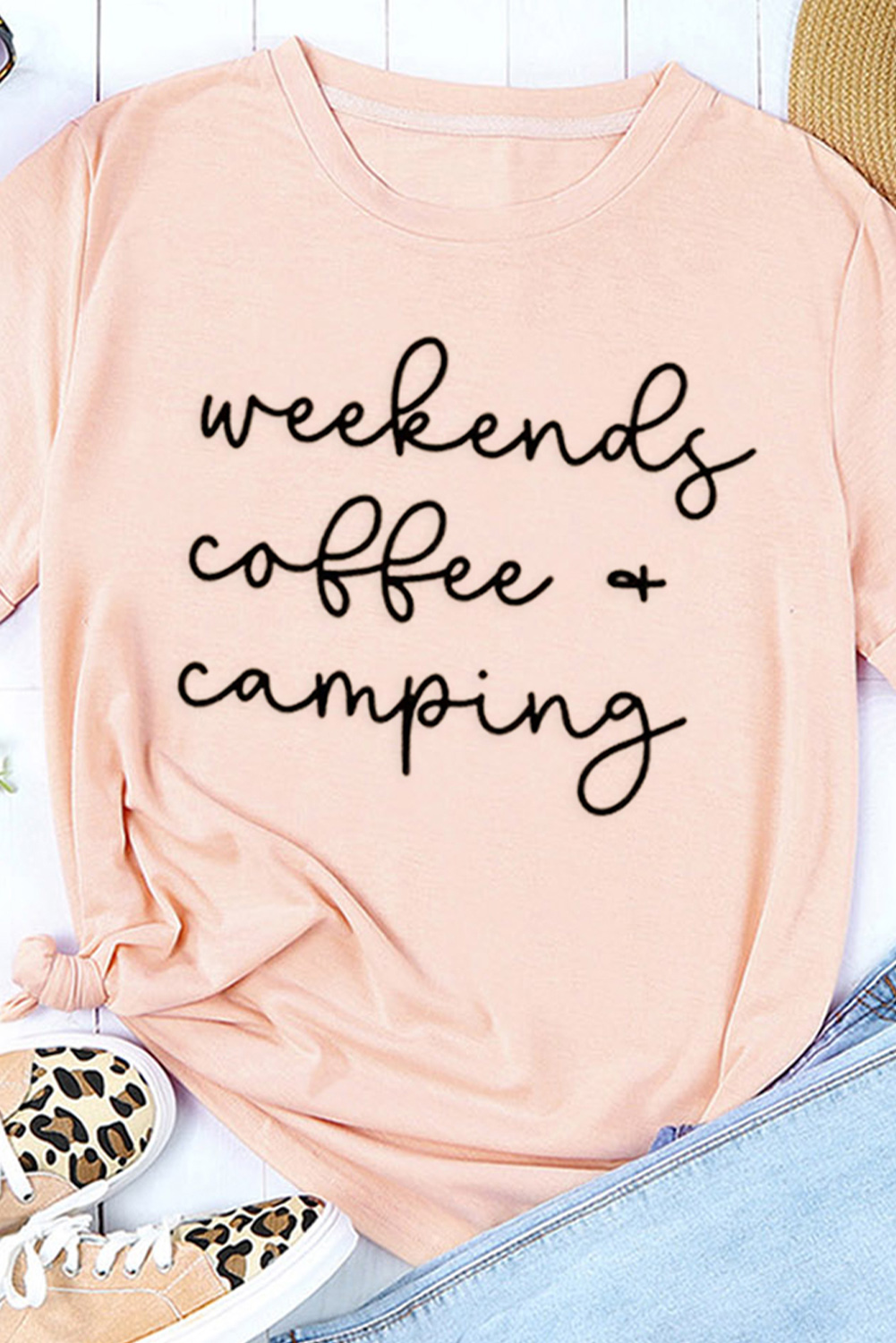 Dropshipping Casual Weekends COFFEE Camping Letter Printed Pink Graphic Tee