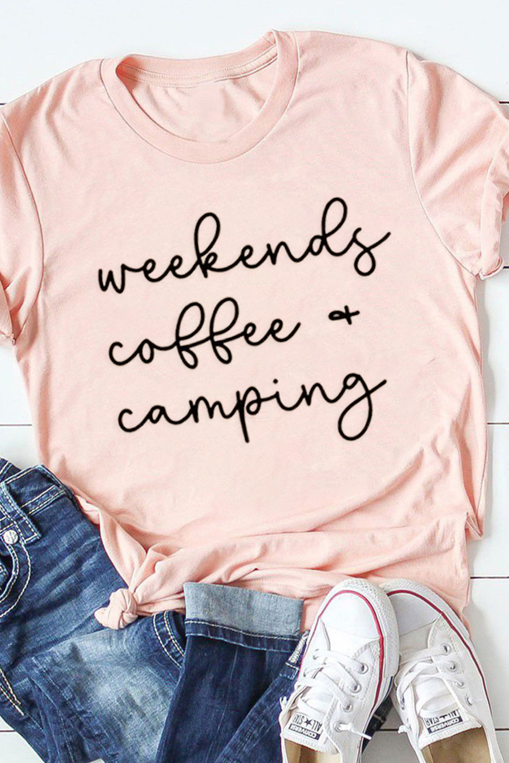 New arrivals 2023 Casual Weekends COFFEE Camping Letter Printed Pink Graphic Tee