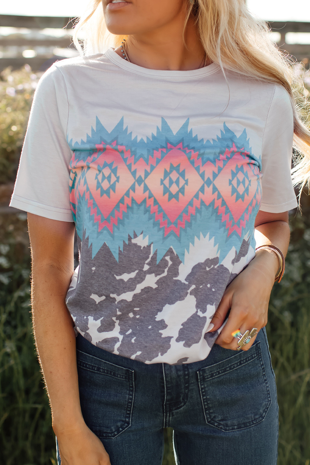 Off White Aztec and Animal Print Short Sleeve T Shirt for Women