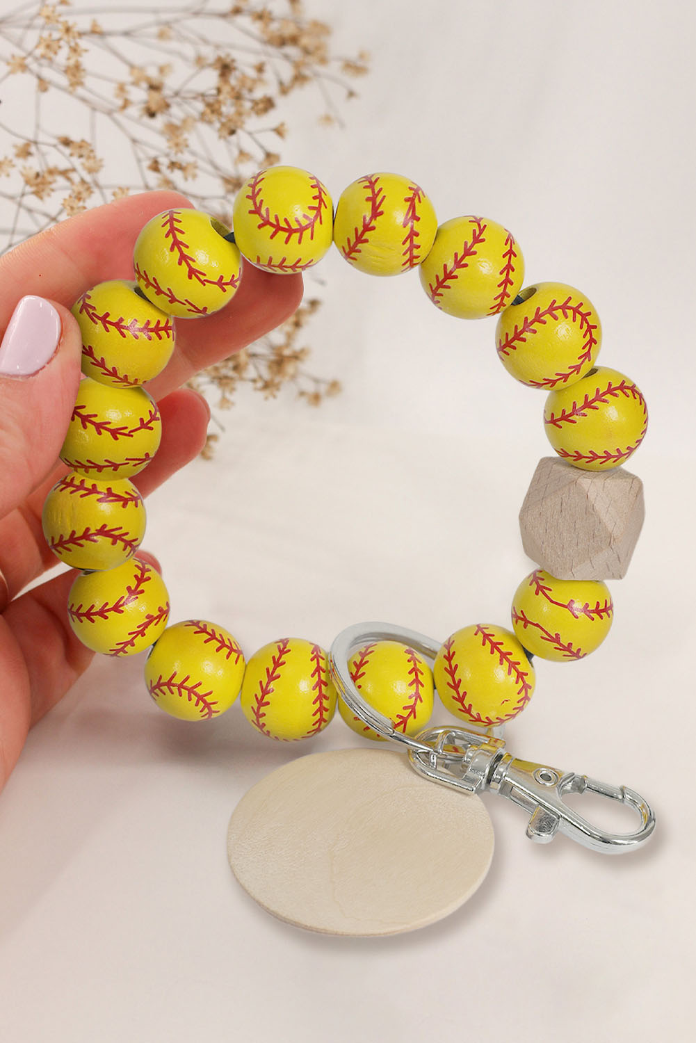 Dropshipping Yellow Baseball Wood BEADS Bracelet Keychain 